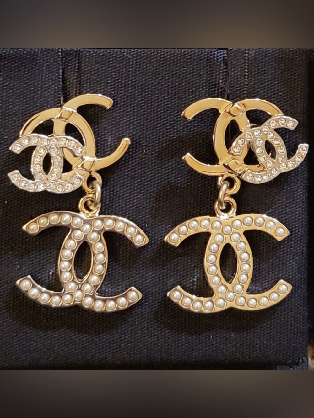 ChaneI.✨Metiers d’Art Golden/Silver/Crystal/Pearly Triple CC Drop Earrings